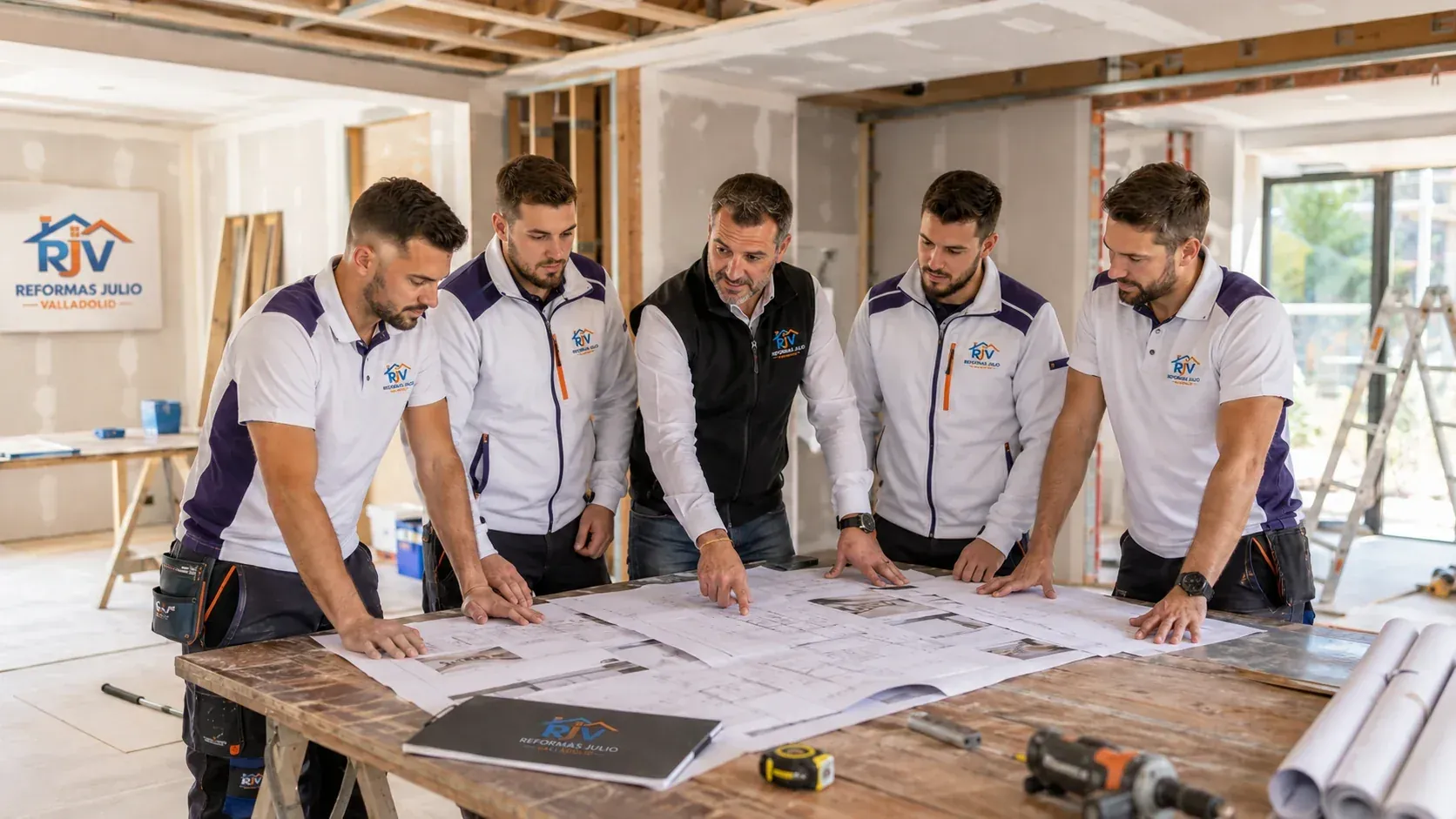 Equipo de Reformas Julio Valladolid revisando planos en obra